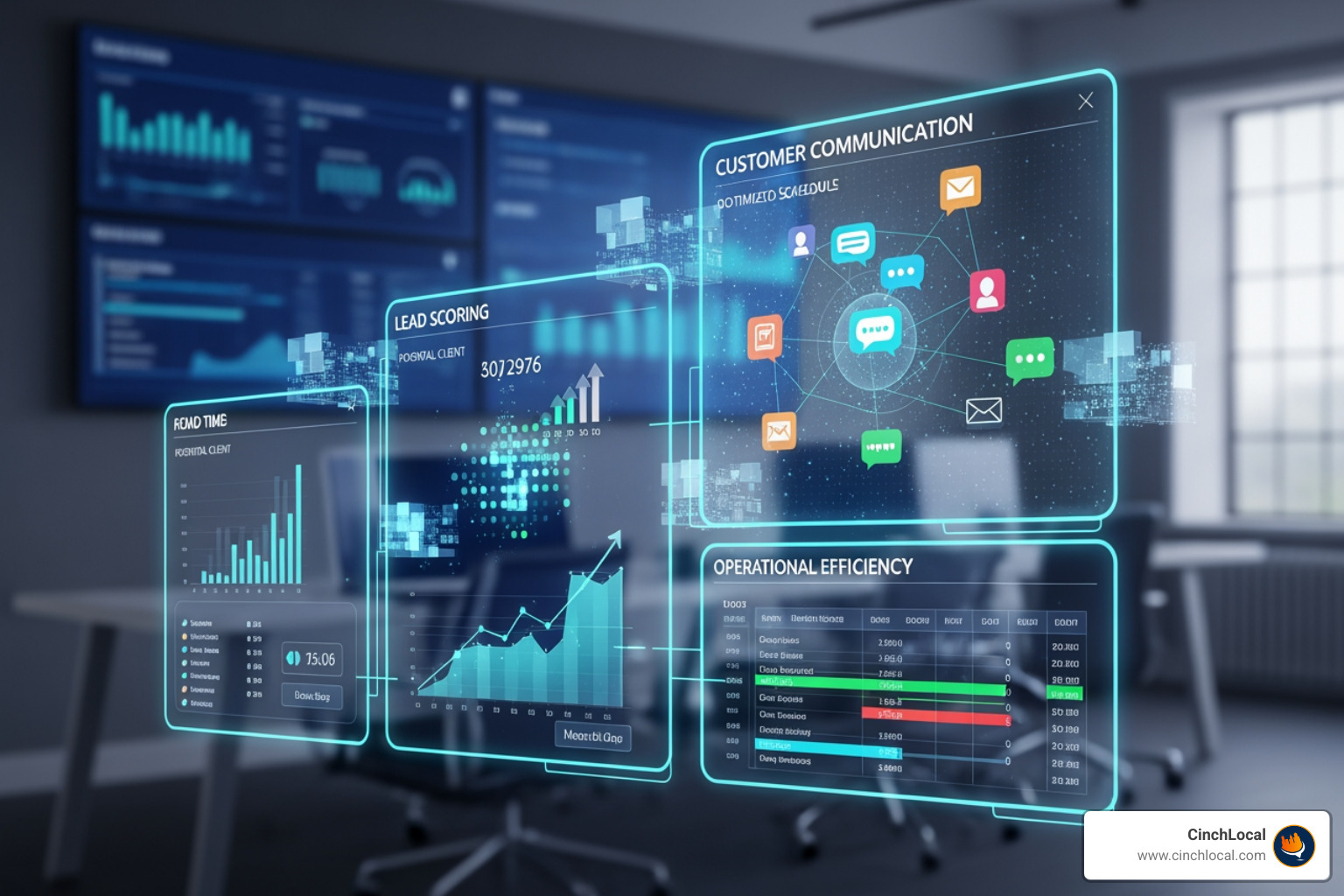 futuristic blueprint for a roofing company's sales process, showcasing integrated AI systems for lead scoring, customer communication, and operational efficiency - AI-driven lead scoring