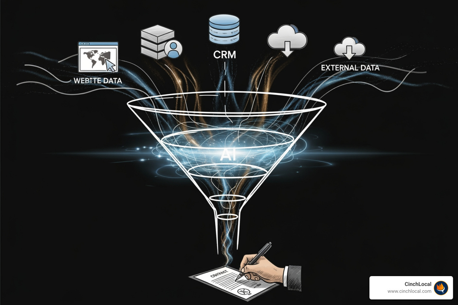funnel showing data sources at the top (website, CRM, external data) and a signed contract at the bottom, illustrating the flow of AI lead scoring from input to outcome - AI-driven lead scoring