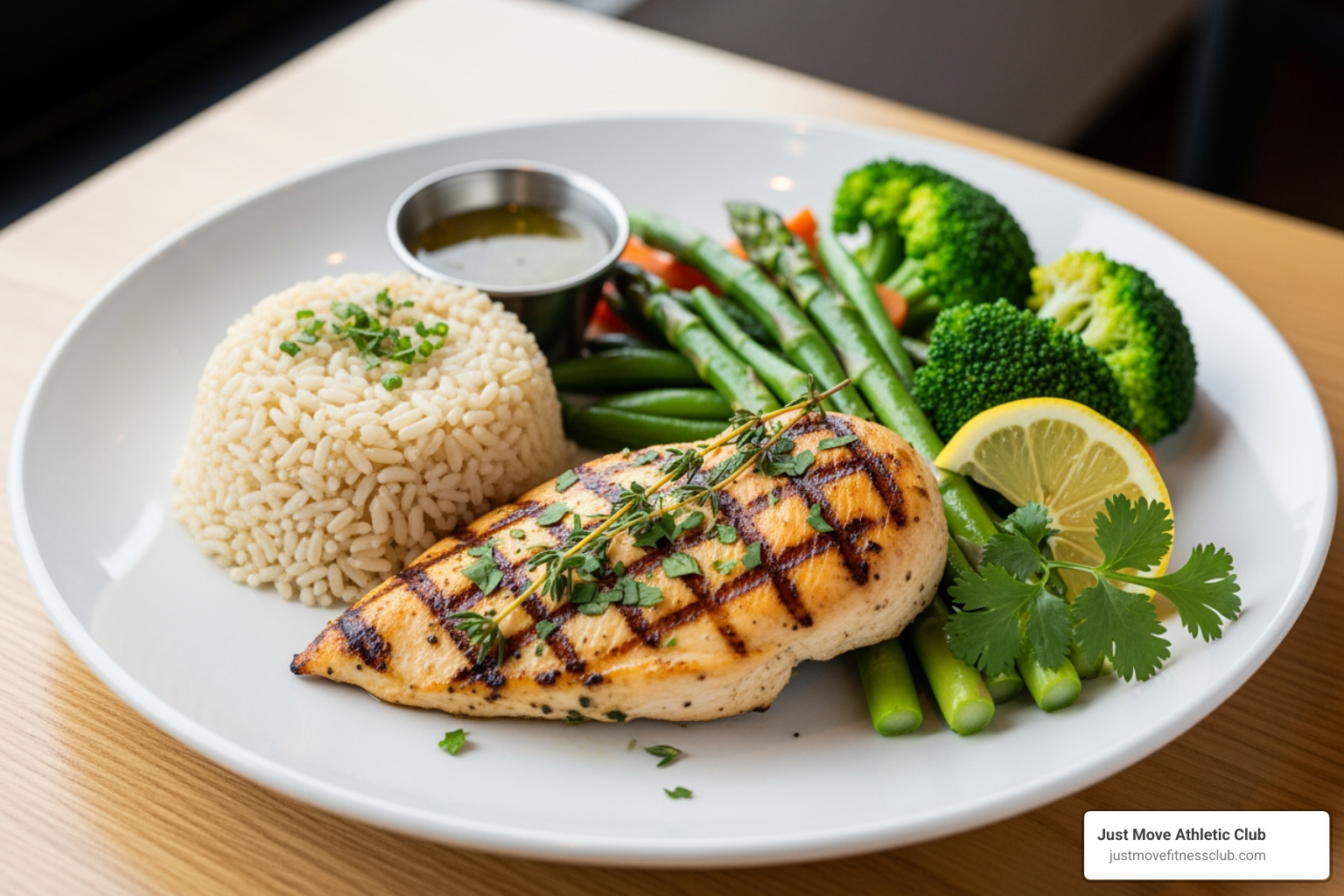 healthy meal with lean protein, complex carbs, and vegetables - full body workout program for beginners