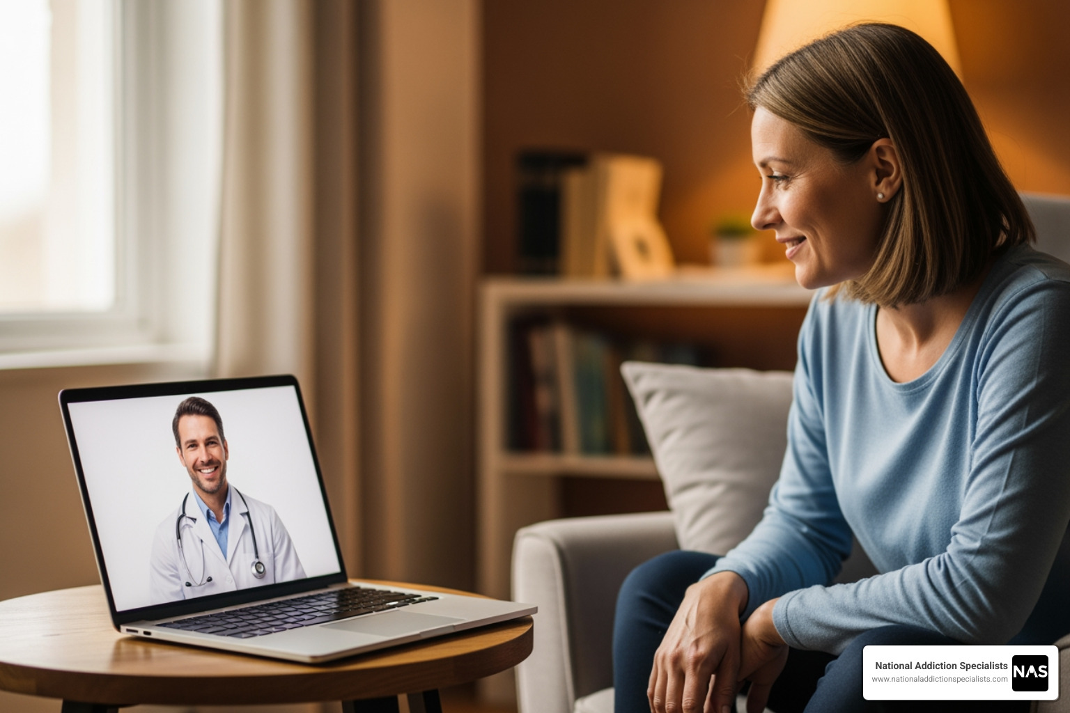 patient having a private telehealth call with a doctor on their laptop - Suboxone for opioid addiction patient having a private telehealth call with a doctor on their laptop - Suboxone for opioid addiction