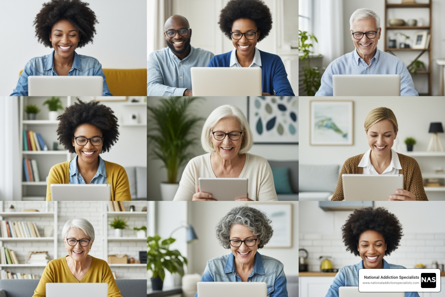 Diverse group of people finding online support - Virtual addiction treatment Diverse group of people finding online support - Virtual addiction treatment