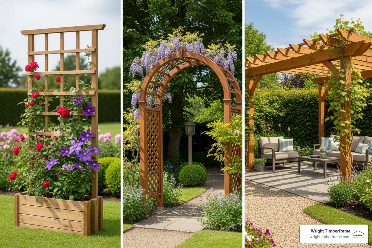 side-by-side comparison of a simple trellis, an arched arbor, and a large pergola in a garden setting - trellis vs pergola Custom timber garden structures including a trellis with flowers, an arbor adorned with wisteria, and a pergola with seating area, showcasing Wright Timberframe's craftsmanship.