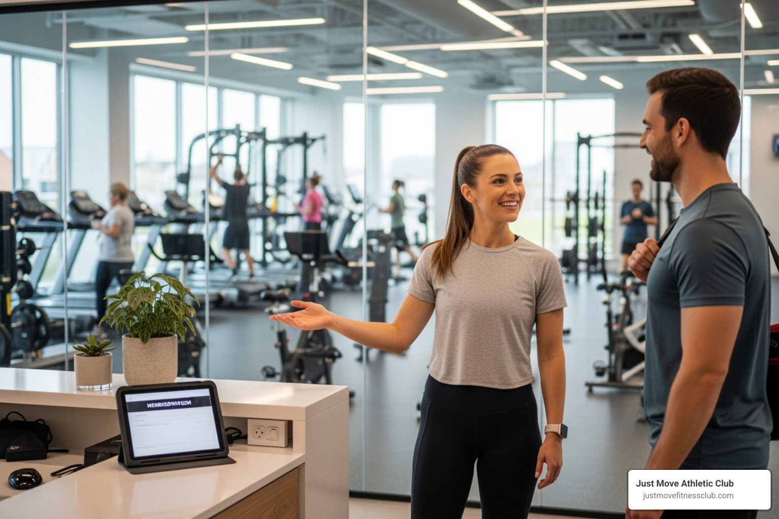 friendly instructor welcoming a member at a modern fitness center - pilates classes lakeland