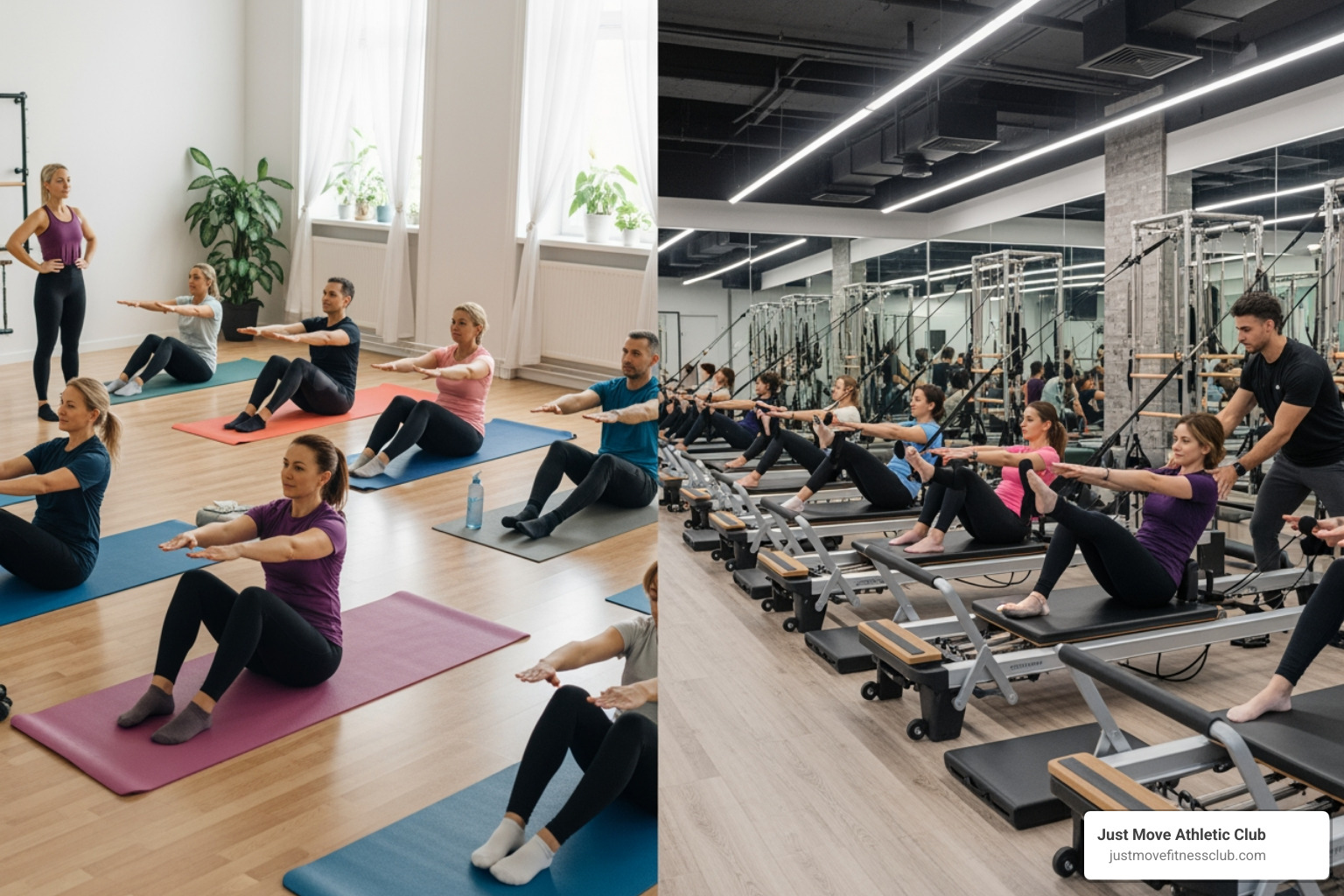 side-by-side of a Mat Pilates class and a Reformer Pilates class - pilates classes lakeland