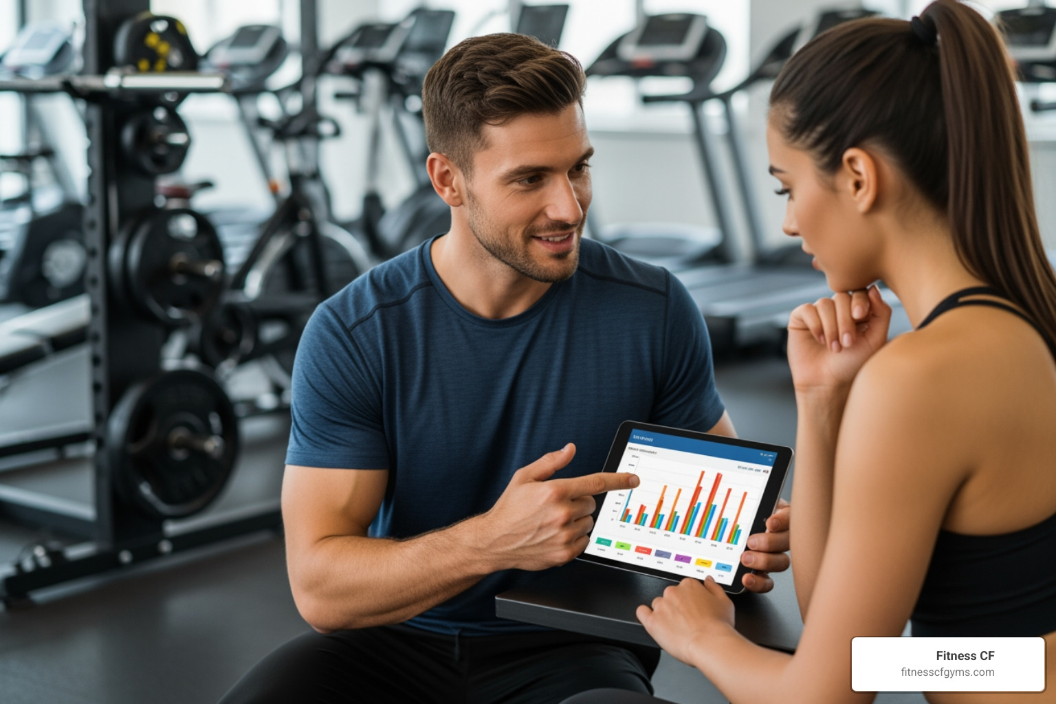 a trainer and client reviewing a progress chart on a tablet - St Cloud personal trainer