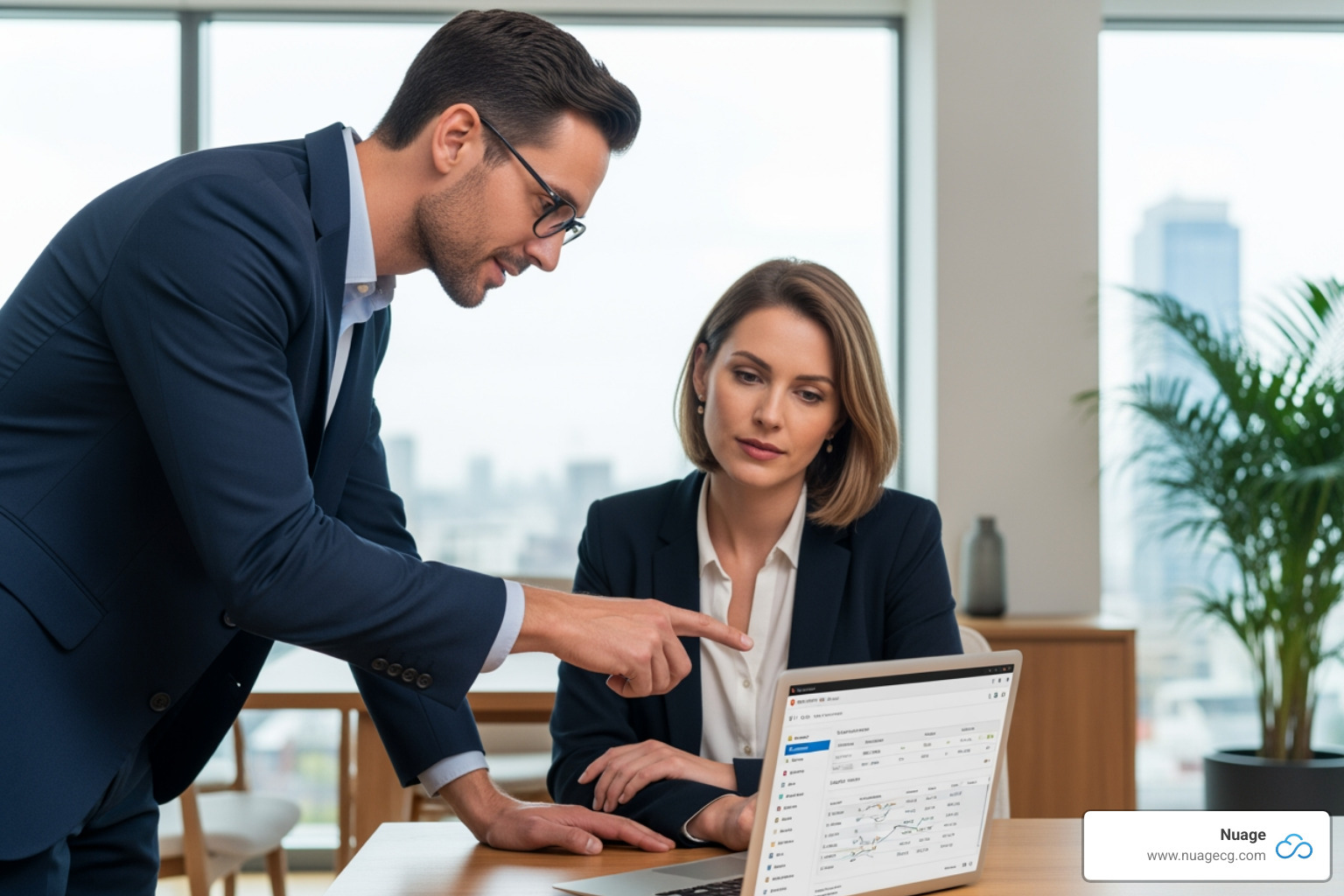 Consultant working collaboratively with a client on a laptop showing NetSuite - NetSuite Cloud Solutions