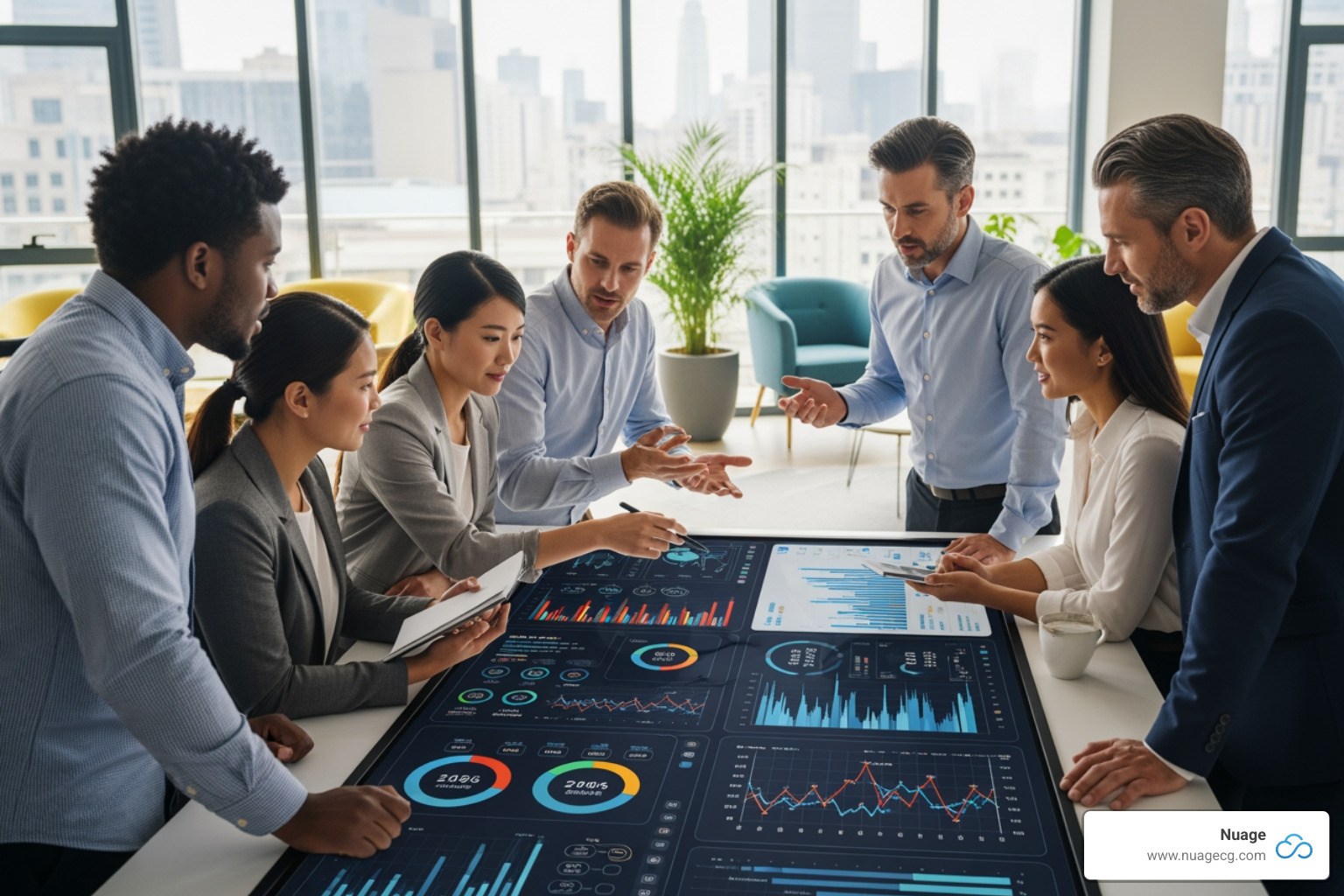 Modern business team collaborating around a central dashboard - NetSuite Cloud Solutions