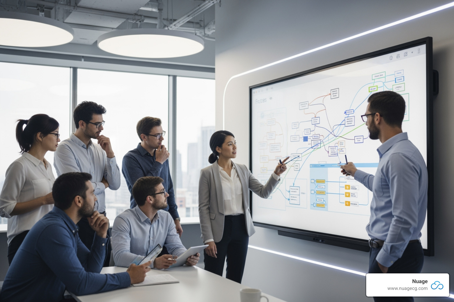 A diverse team collaborating around a digital whiteboard with process maps, demonstrating a modern approach to BPR planning. - Business process reengineering