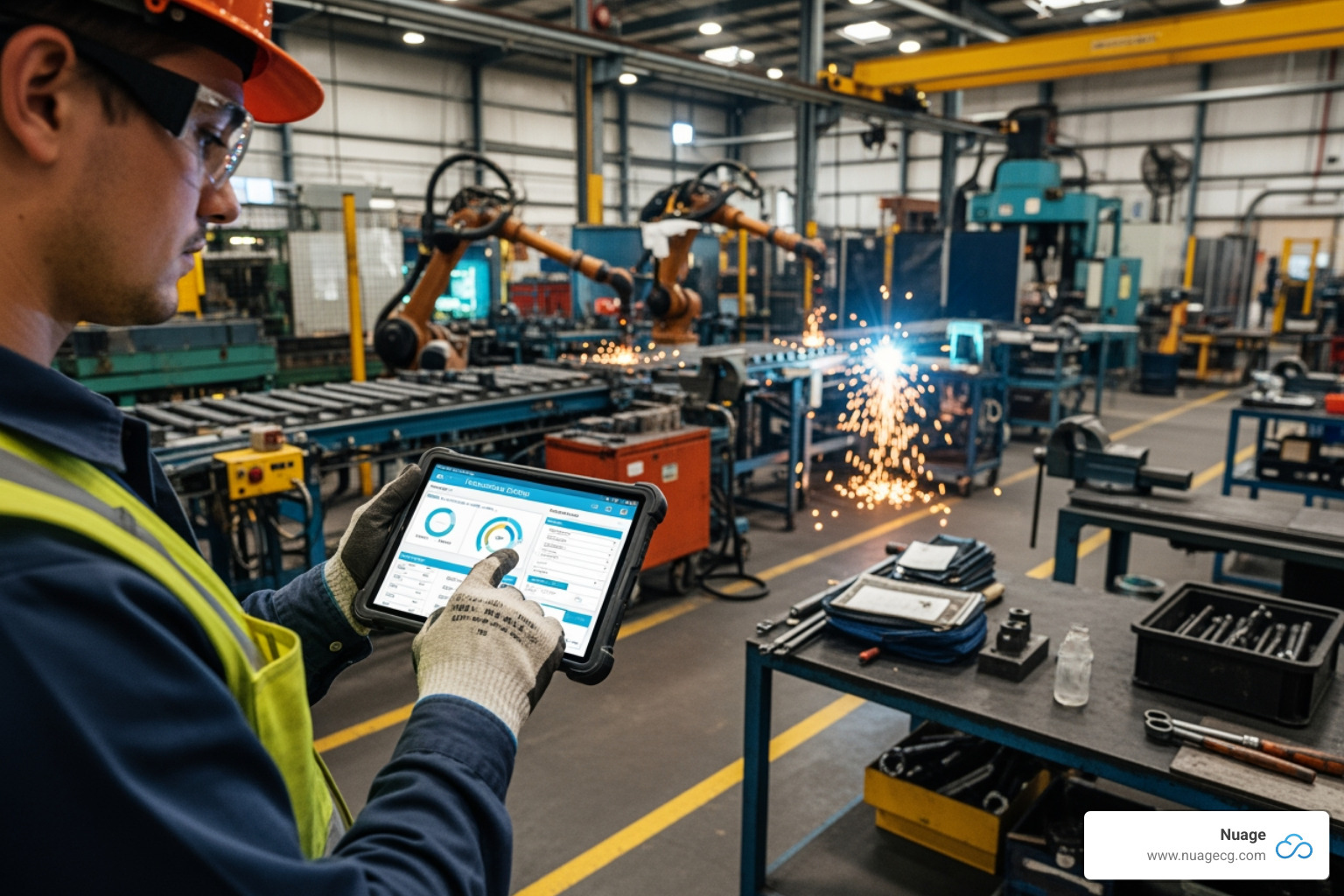 worker using a ruggedized tablet on the shop floor to update a work order - netsuite advanced manufacturing