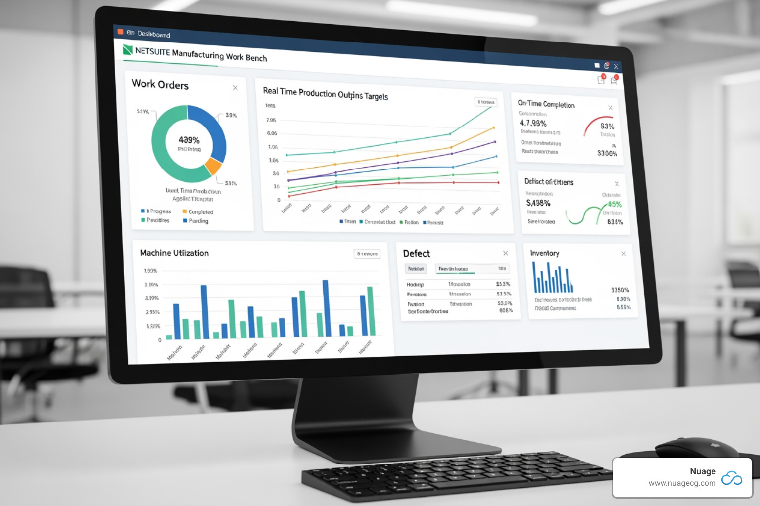 NetSuite Manufacturing Work Bench dashboard on a desktop computer - netsuite advanced manufacturing