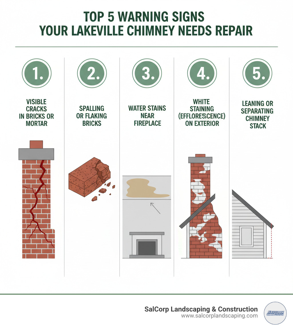 Infographic showing the top 5 warning signs your Lakeville chimney needs repair: 1. Visible cracks in bricks or mortar with illustration of cracked chimney, 2. Spalling or flaking bricks with close-up of damaged brick surface, 3. Water stains near fireplace with interior ceiling stain diagram, 4. White staining (efflorescence) on exterior with photo example, 5. Leaning or separating chimney stack with side-view diagram showing gap between chimney and house - chimney repair Lakeville infographic 