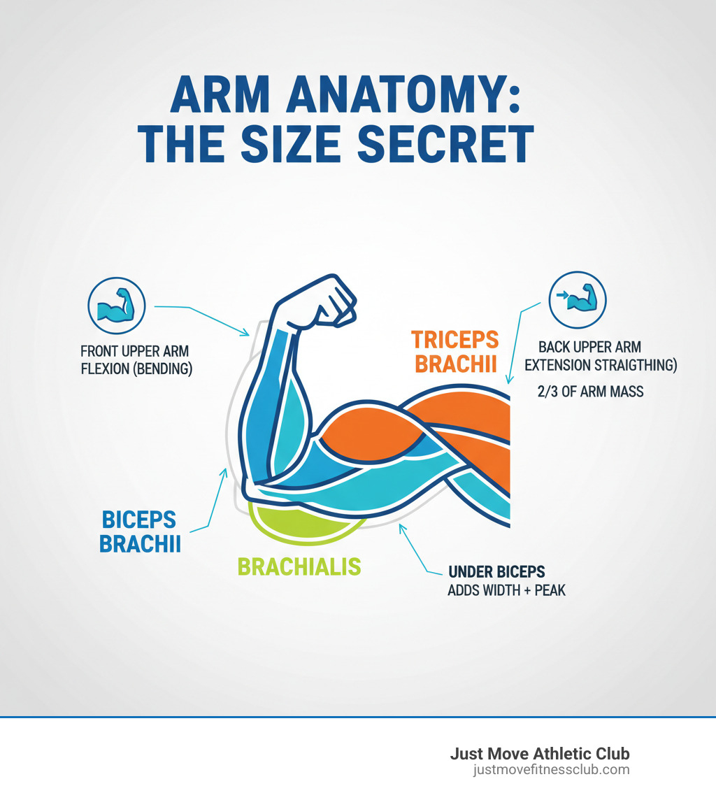 Infographic showing the three key arm muscles: Biceps Brachii (front of upper arm, responsible for flexion), Triceps Brachii (back of upper arm, responsible for extension, comprises 2/3 of arm mass), and Brachialis (underneath biceps, adds width and pushes biceps peak higher) - build huge arms infographic 