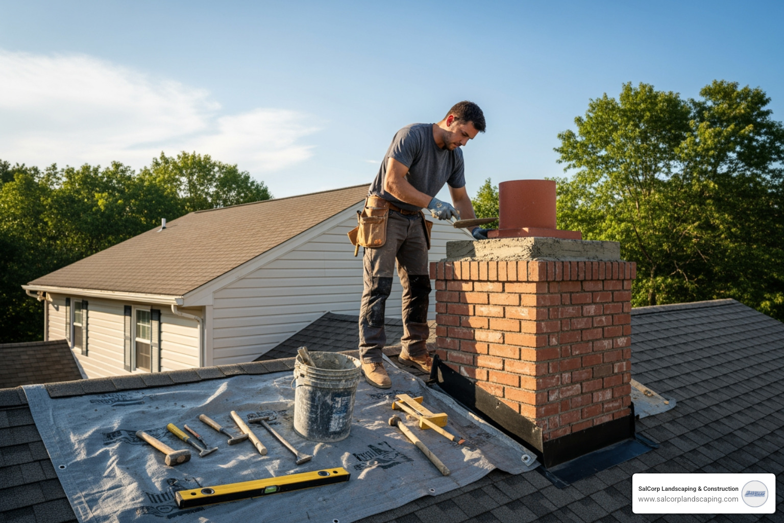 image of a mason carefully repairing a chimney structure - chimney repair Lakeville