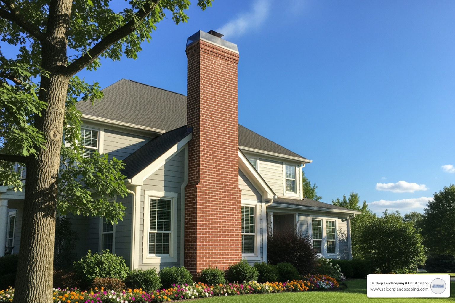 image of a beautiful, fully restored chimney enhancing a home's curb appeal - chimney repair Lakeville