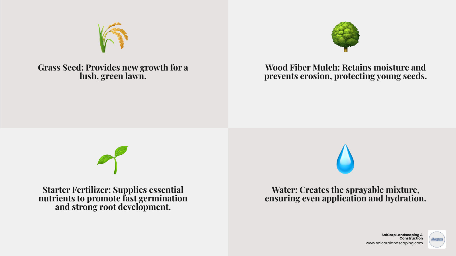 Infographic showing the four main components of hydroseed slurry: grass seed (provides new growth), wood fiber mulch (retains moisture and prevents erosion), starter fertilizer (promotes fast germination), and water (creases sprayable mixture), with icons showing how each component works together to establish new grass - hydroseed over existing lawn infographic 4_facts_emoji_grey Infographic showing the four main components of hydroseed slurry: grass seed (provides new growth), wood fiber mulch (retains moisture and prevents erosion), starter fertilizer (promotes fast germination), and water (creases sprayable mixture), with icons showing how each component works together to establish new grass - hydroseed over existing lawn infographic 4_facts_emoji_grey