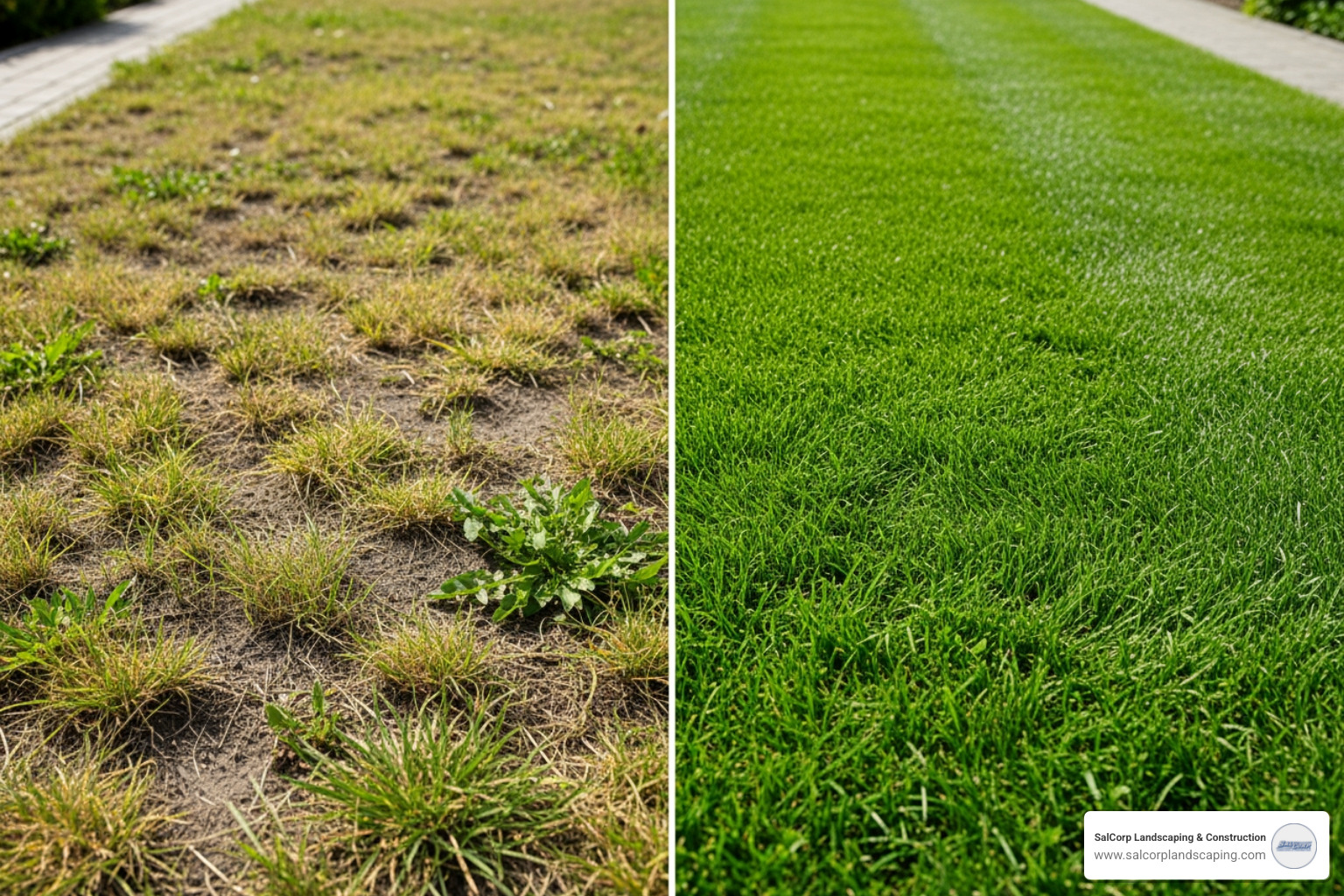 side-by-side patchy lawn comparison - hydroseed over existing lawn side-by-side patchy lawn comparison - hydroseed over existing lawn