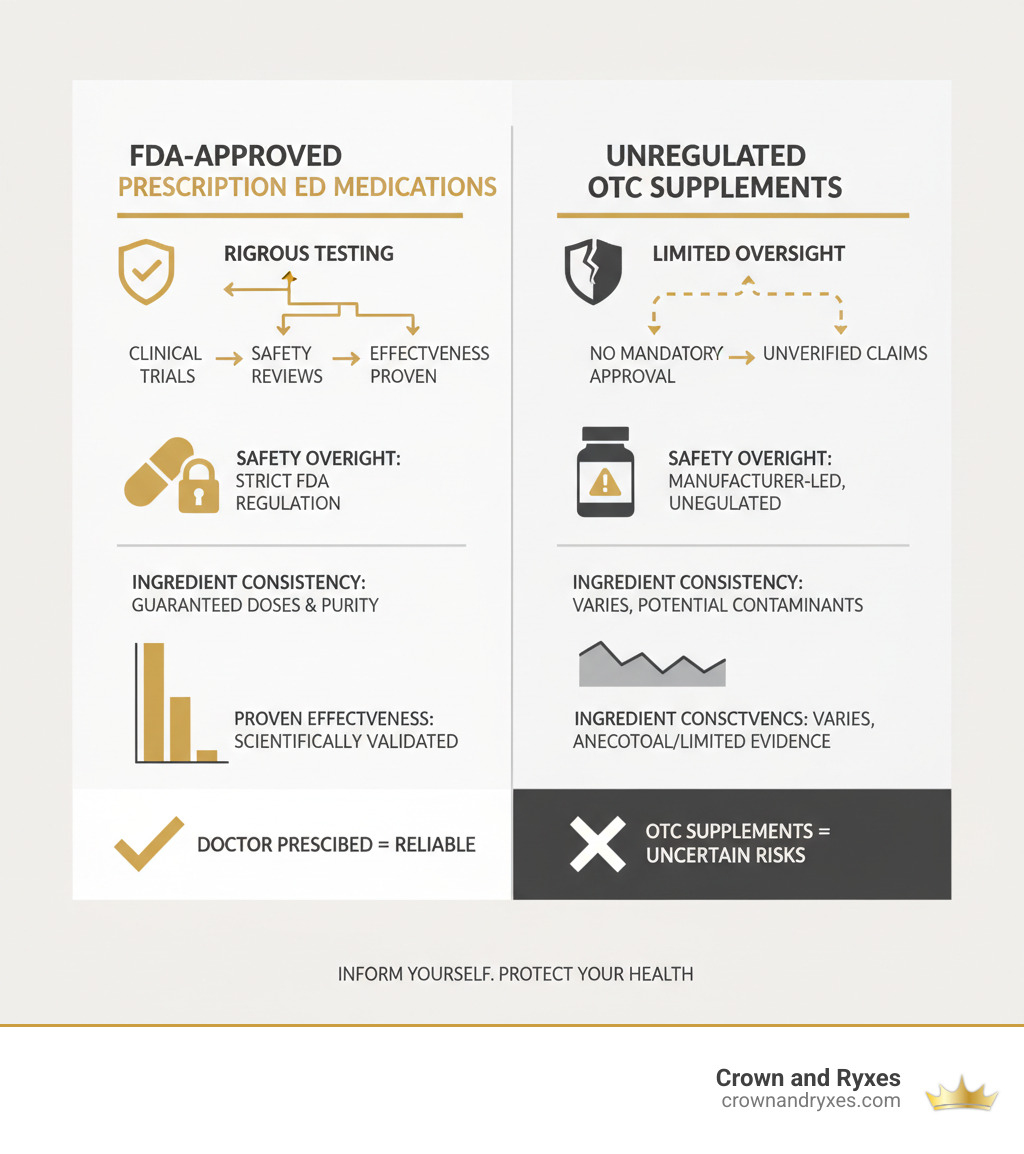 infographic comparing FDA-approved prescription ED medications versus unregulated OTC supplements, showing key differences in testing, safety oversight, ingredient consistency, and proven effectiveness - best ed pill otc infographic infographic comparing FDA-approved prescription ED medications versus unregulated OTC supplements, showing key differences in testing, safety oversight, ingredient consistency, and proven effectiveness - best ed pill otc infographic