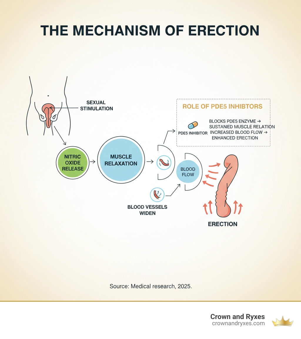 infographic showing the mechanism of erection and how blood flow enables it, including the role of PDE5 inhibitors in relaxing blood vessels and increasing blood flow to the penis - ED medication types infographic infographic showing the mechanism of erection and how blood flow enables it, including the role of PDE5 inhibitors in relaxing blood vessels and increasing blood flow to the penis - ED medication types infographic