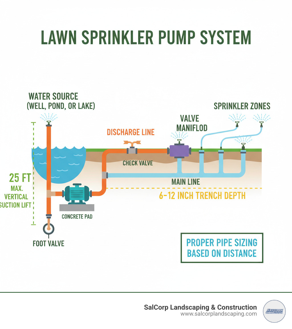 Infographic showing the basic components of a lawn sprinkler pump setup: water source (well, pond, or lake), suction line with foot valve at bottom, pump mounted on concrete pad near source, discharge line with check valve, main line connecting to valve manifold, and multiple sprinkler zones branching out. Labels indicate key measurements: 25-foot maximum vertical suction lift, 6-12 inch trench depth, and proper pipe sizing based on distance. - lawn sprinkler pump setup infographic Infographic showing the basic components of a lawn sprinkler pump setup: water source (well, pond, or lake), suction line with foot valve at bottom, pump mounted on concrete pad near source, discharge line with check valve, main line connecting to valve manifold, and multiple sprinkler zones branching out. Labels indicate key measurements: 25-foot maximum vertical suction lift, 6-12 inch trench depth, and proper pipe sizing based on distance. - lawn sprinkler pump setup infographic