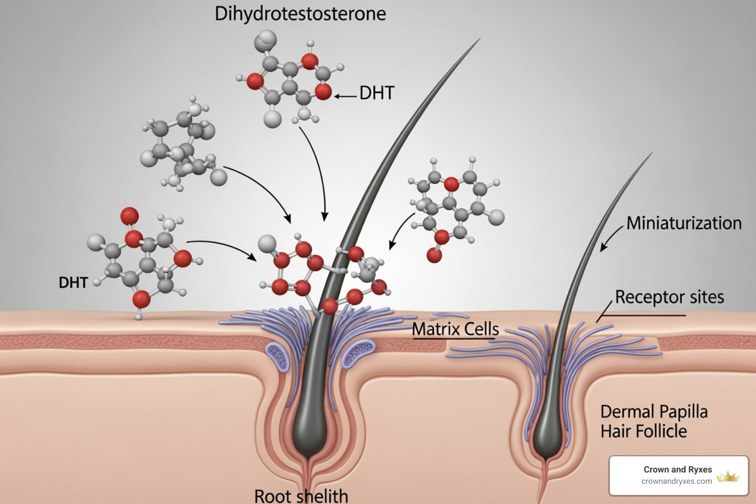 illustration showing DHT binding to a hair follicle, causing it to shrink and produce thinner hair - best mens hair growth pills
