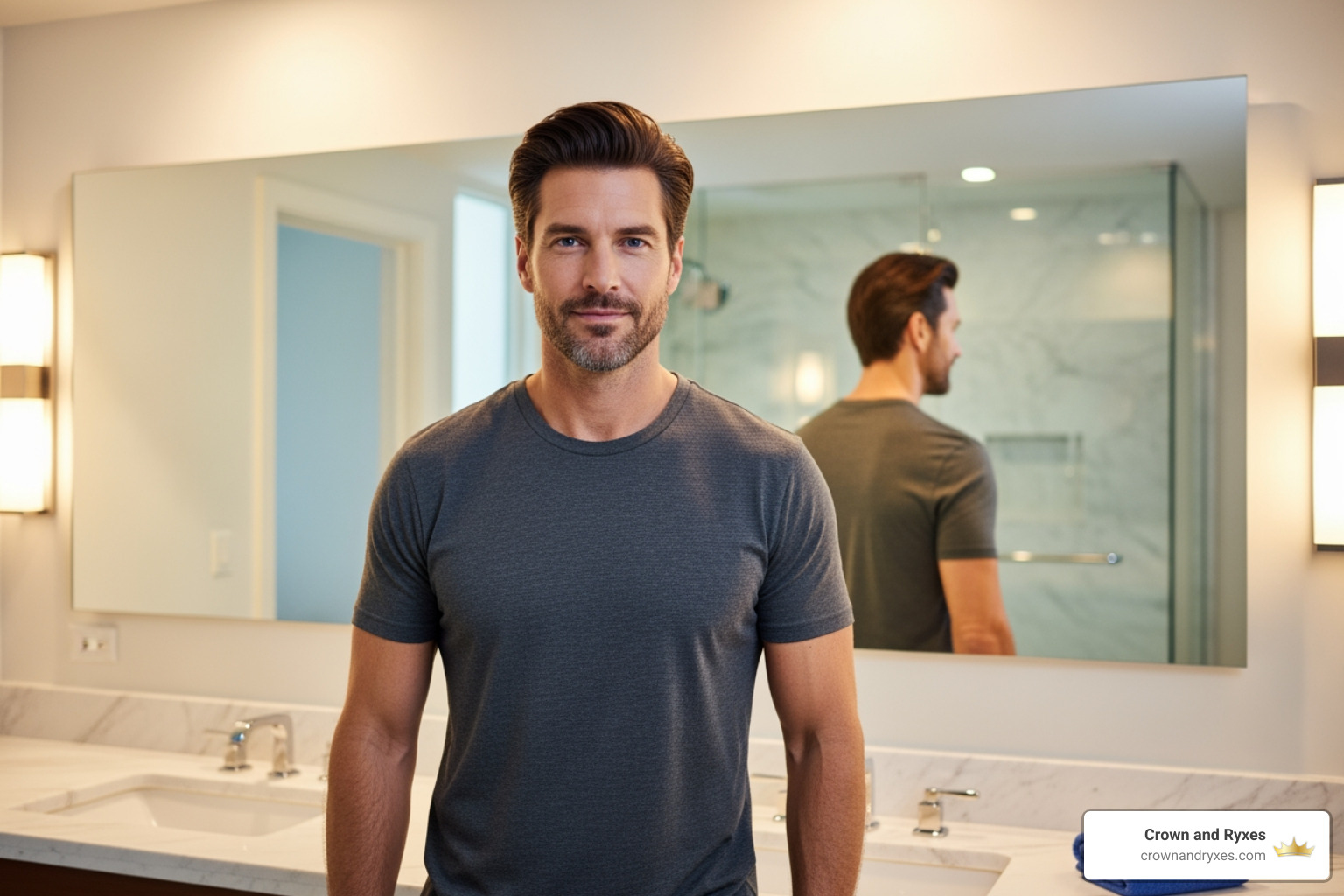 person looking confidently in the mirror, with visibly thicker hair - hair regrowth treatment foam