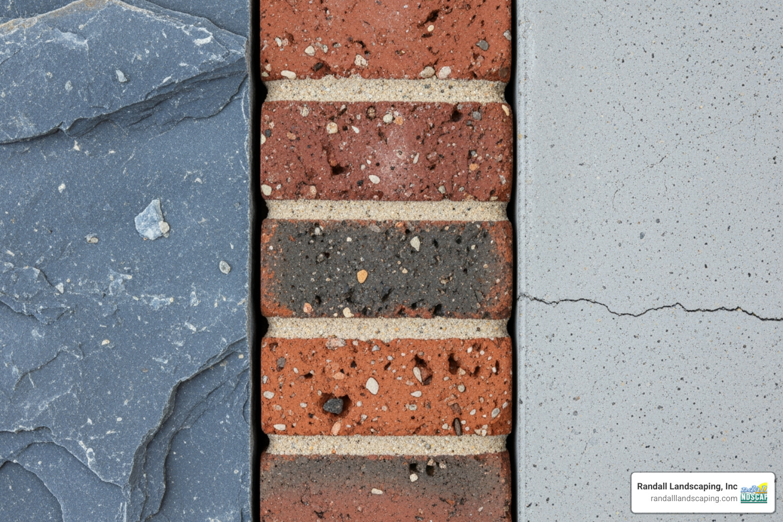 Close-up textures of bluestone, brick, and concrete pavers, showcasing the unique patterns and colors of each material. - patio design andover ma
