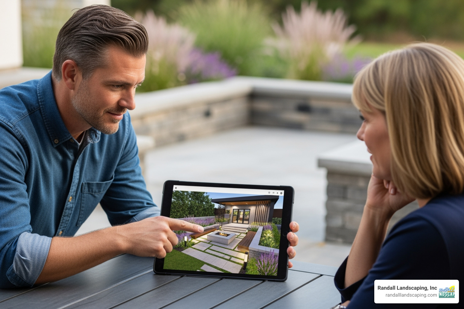 A landscape designer reviews 3D patio plans with a homeowner, pointing at a detailed rendering on a tablet, while the homeowner nods in understanding. - patio design andover ma