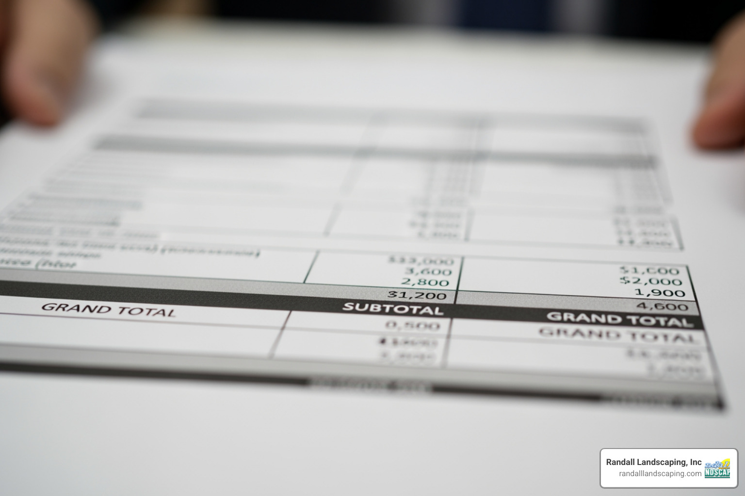 A detailed patio cost breakdown or quote sheet, showing line items for materials, labor, excavation, and optional features, with subtotals and a grand total. - patio design andover ma