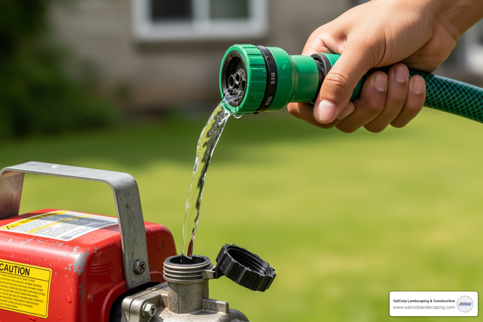 priming process by pouring water from a hose into the pump's priming port - lawn sprinkler pump setup priming process by pouring water from a hose into the pump's priming port - lawn sprinkler pump setup