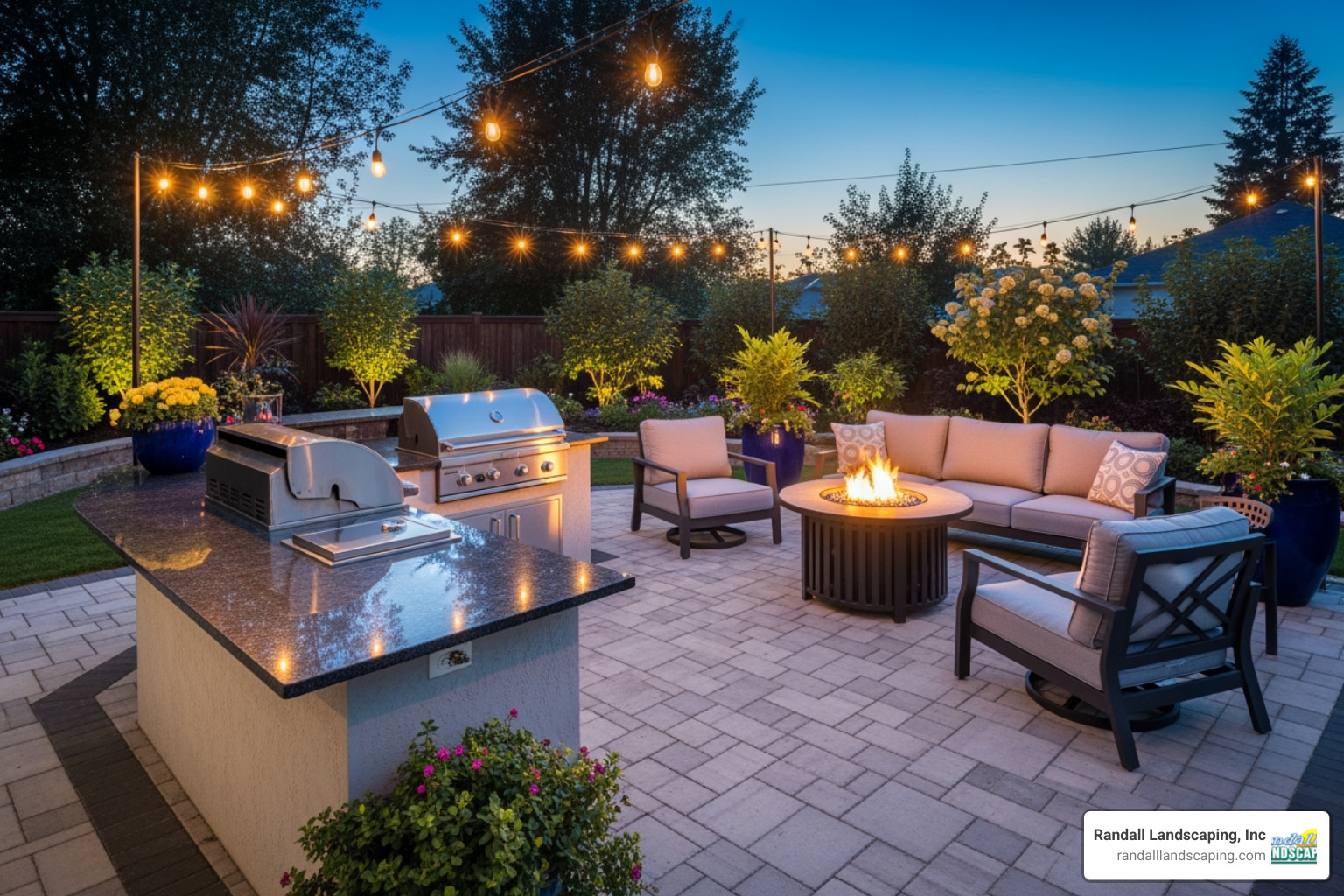 A modern outdoor kitchen with a built-in grill and sleek countertops is integrated into a spacious paver patio, alongside a contemporary fire pit with comfortable seating. - patio design andover ma