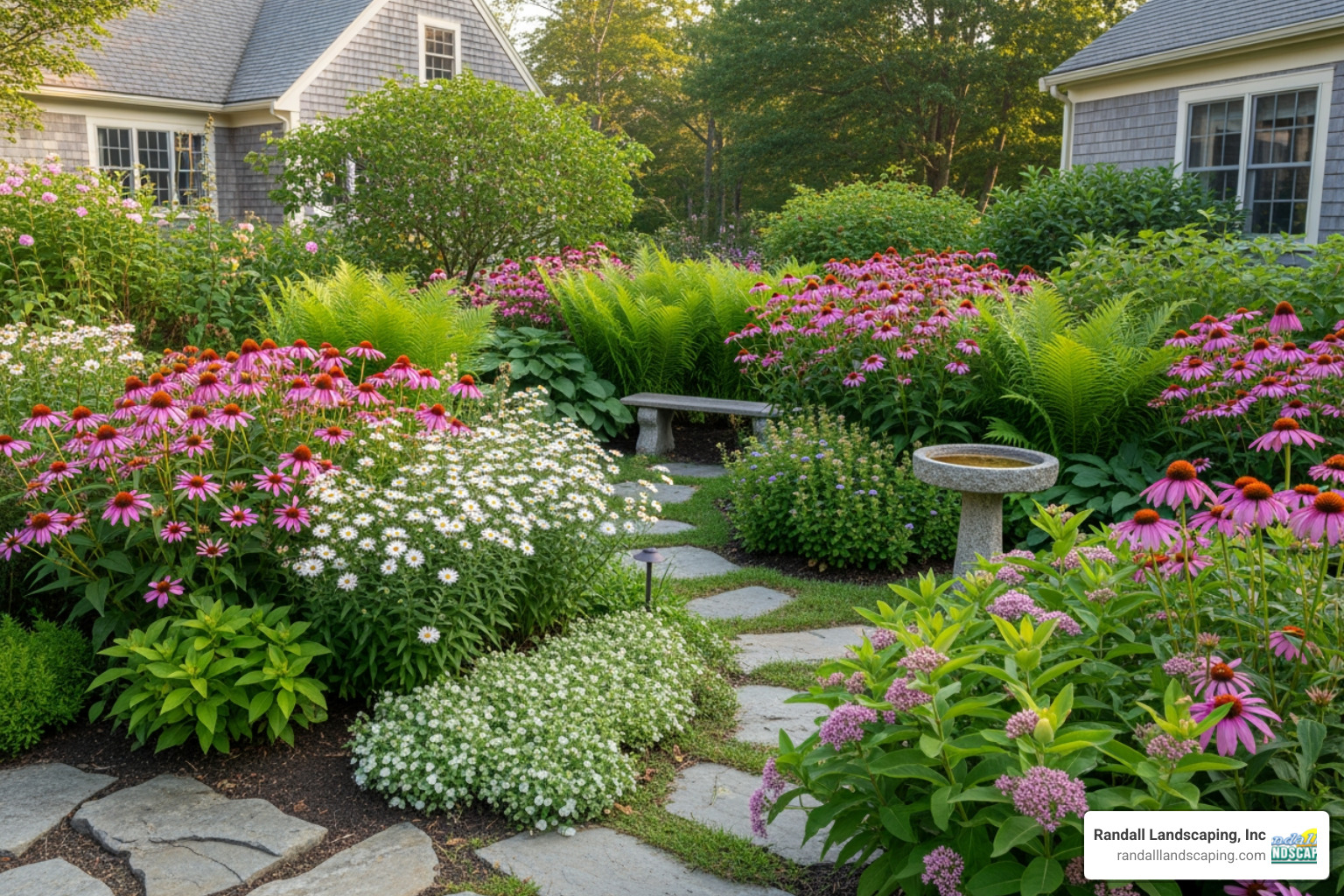Native New England plants thriving in a residential garden - residential landscaping Dracut MA