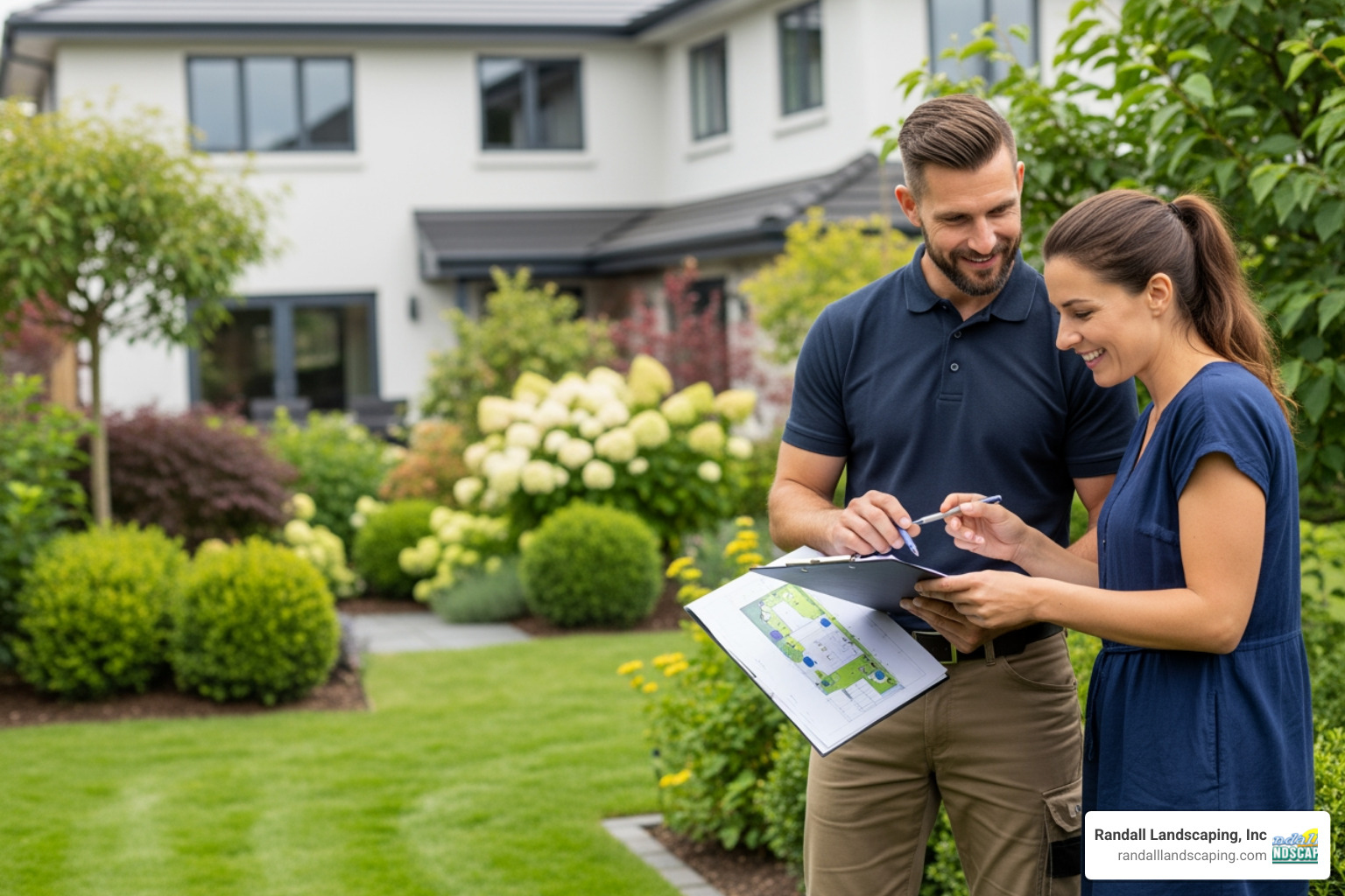 A landscaper consulting with a homeowner in their yard, reviewing design plans - residential landscaping Dracut MA