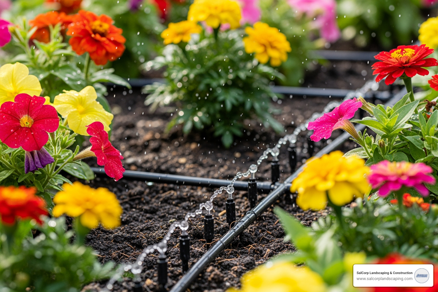 drip irrigation system watering a flower bed - commercial landscaping maintenance cost
