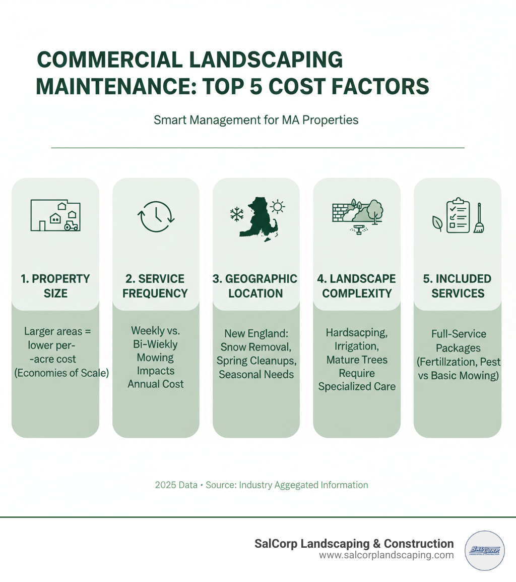 Infographic showing the top 5 factors that influence commercial landscaping maintenance costs: Property Size (larger properties typically have lower per-acre costs due to economies of scale), Service Frequency (weekly vs. bi-weekly mowing impacts annual costs), Geographic Location (New England climate demands seasonal services like snow removal and spring cleanups), Landscape Complexity (hardscaping, irrigation systems, and mature trees require specialized care), and Included Services (full-service packages with fertilization, pest management, and seasonal cleanups vs. basic mowing only) - commercial landscaping maintenance cost infographic 