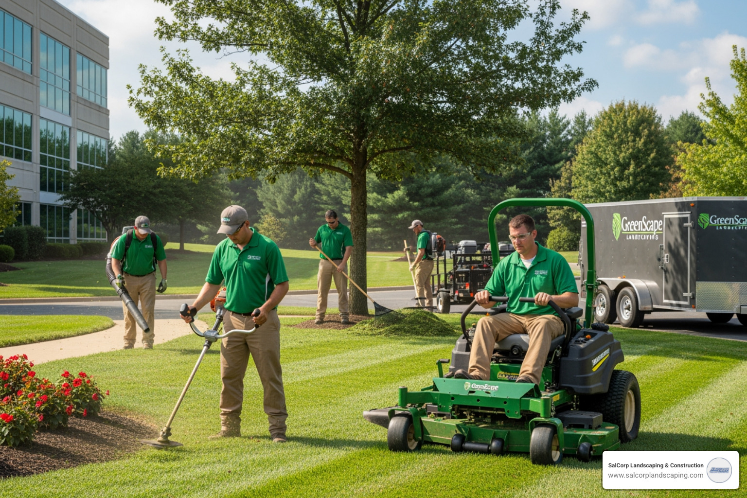 professional crew performing lawn maintenance - commercial landscaping maintenance cost