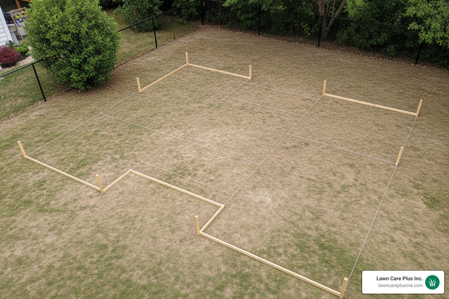 Patio layout marked with strings and stakes - how to install concrete paver patio