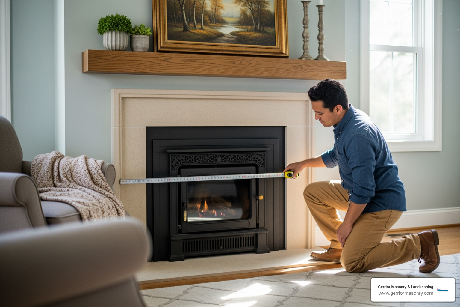 person measuring a fireplace opening - New fireplace surround