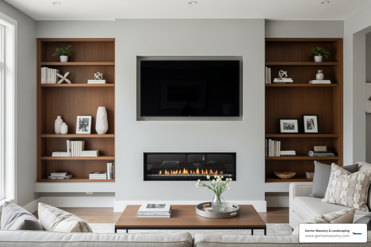 A modern fireplace with integrated built-in shelves and a mounted TV. - Fireplace remodeling ideas