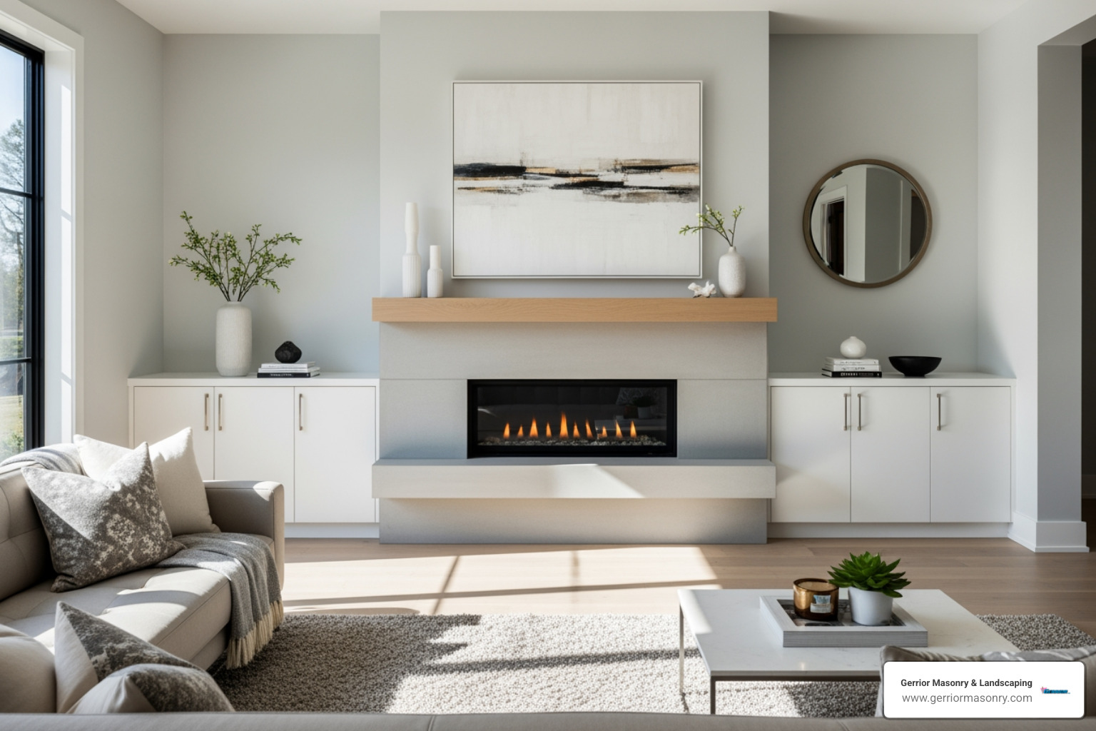 A modern fireplace with a sleek, minimalist concrete surround and a floating wooden mantel, flanked by built-in white cabinets. - Fireplace remodeling ideas