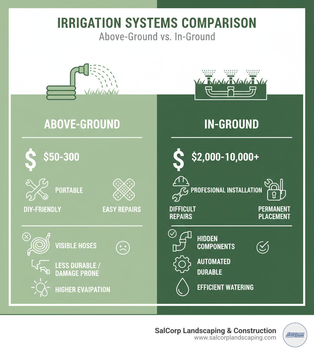 Infographic comparing above-ground vs in-ground irrigation systems showing: Above-Ground (Pros: Low cost $50-300, DIY-friendly, portable, easy repairs; Cons: visible hoses, less durable, prone to damage, higher evaporation) versus In-Ground (Pros: expensive $2,000-10,000+, professional installation required, difficult repairs, permanent placement; Cons: hidden components, automated, durable, efficient watering) - above ground irrigation hose infographic 