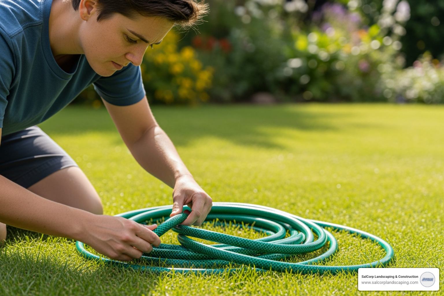 person checking a garden hose for kinks and leaks - above ground irrigation hose