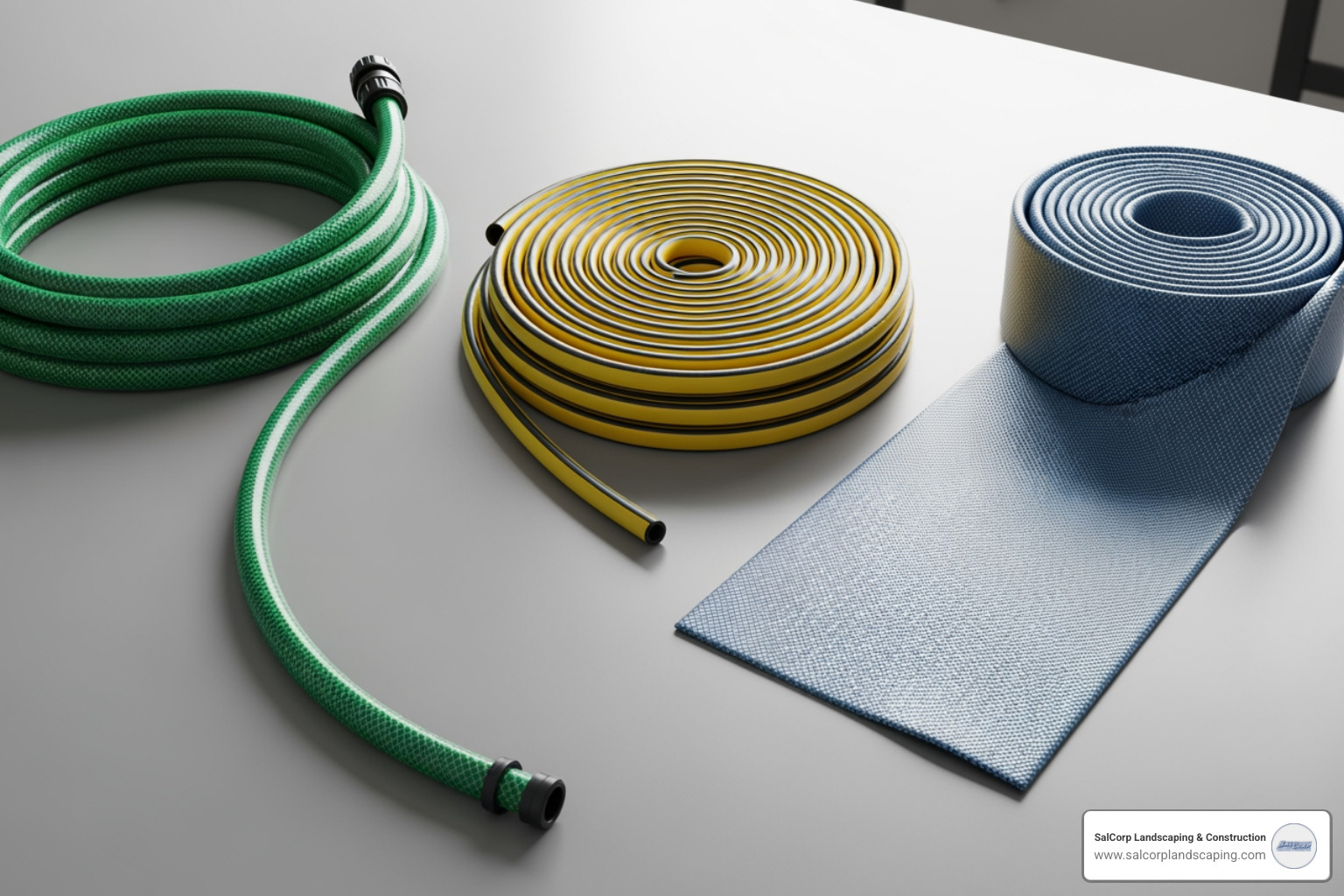 different types of garden hoses like a standard vinyl hose, a coiled hose, and a flat hose - above ground irrigation hose