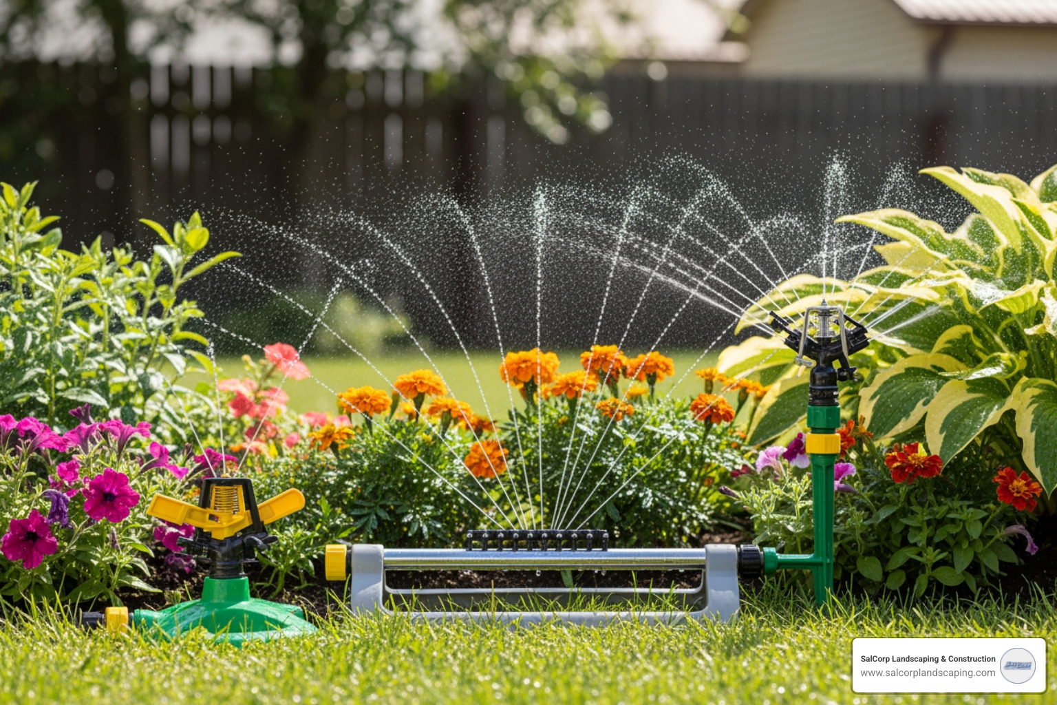 various hose-end sprinklers including an oscillating, stationary, and rotary model - above ground irrigation hose