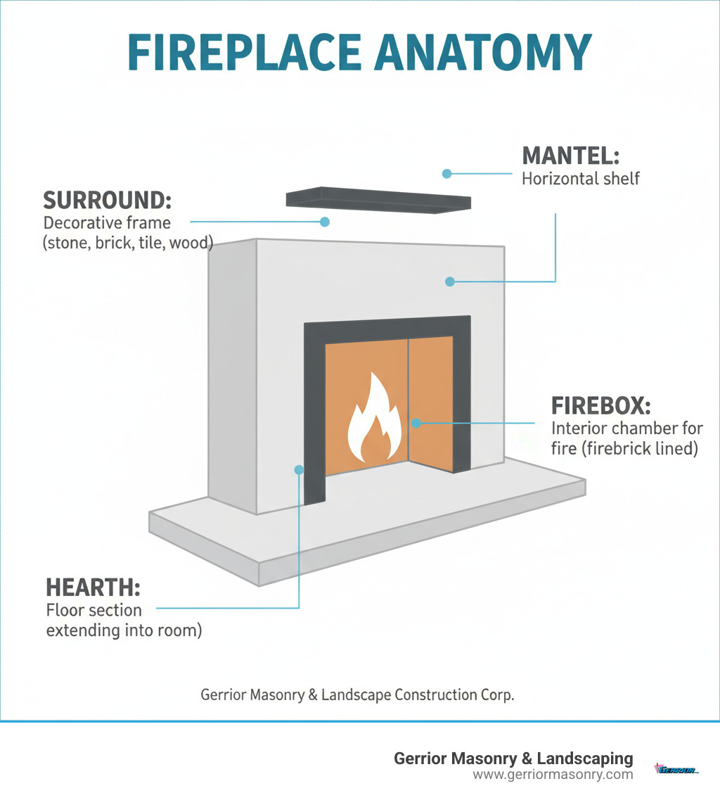 Infographic showing fireplace anatomy with labeled parts: the surround is the decorative frame around the firebox made of stone, brick, tile or wood; the mantel is the horizontal shelf at the top; the hearth is the floor section extending into the room; and the firebox is the interior chamber where fire burns, lined with firebrick and refractory mortar - Fireplace surround repair infographic 