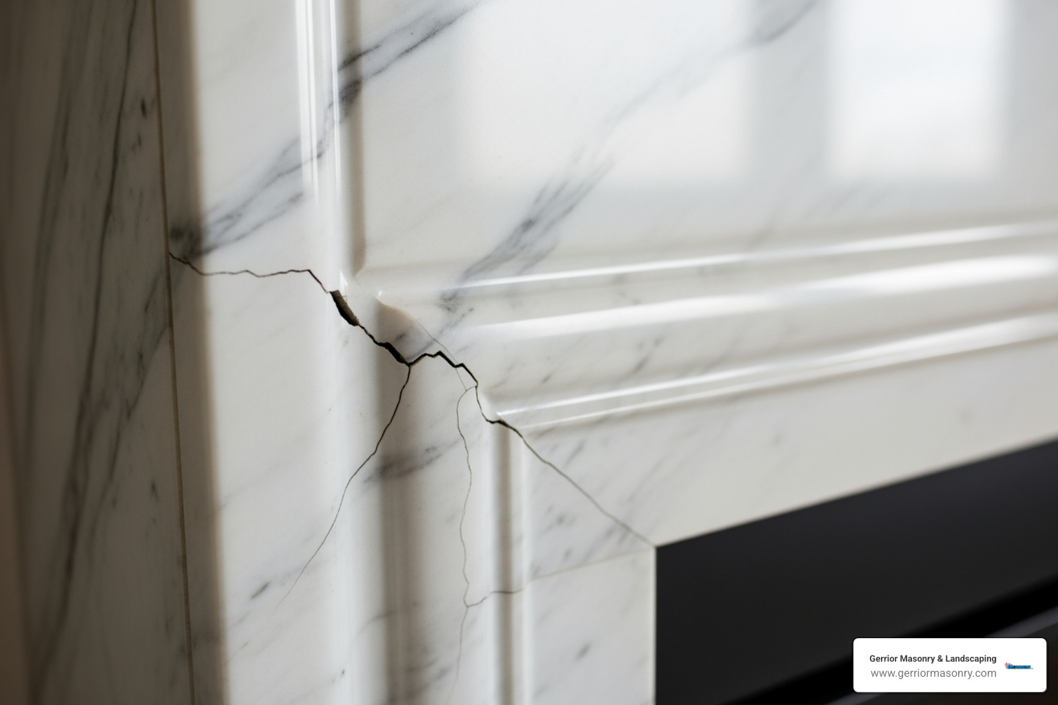A close-up shot showing a fine, branching crack in a polished marble fireplace surround, highlighting the need for immediate attention to prevent further damage. - Fireplace surround repair