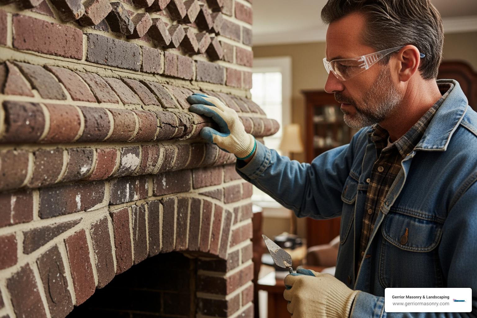 A professional mason from Gerrior Masonry & Landscaping, wearing work gloves and safety glasses, meticulously inspects the complex brickwork and mortar joints of a large, older chimney and fireplace structure, highlighting the need for expert assessment for significant damage. - Fireplace surround repair