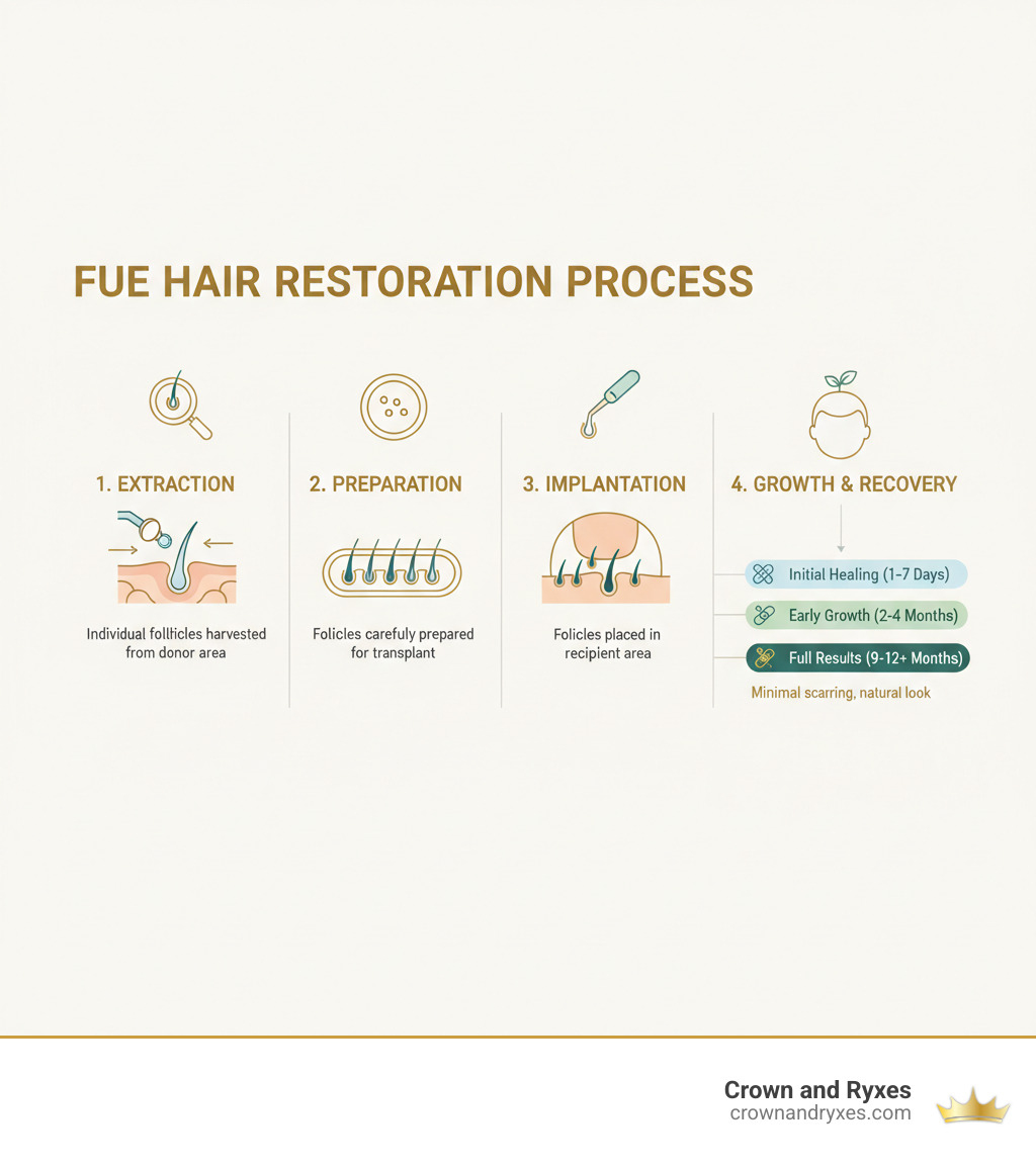 infographic showing FUE process from follicle extraction to implantation with timeline and recovery stages - affordable FUE hair transplant infographic 