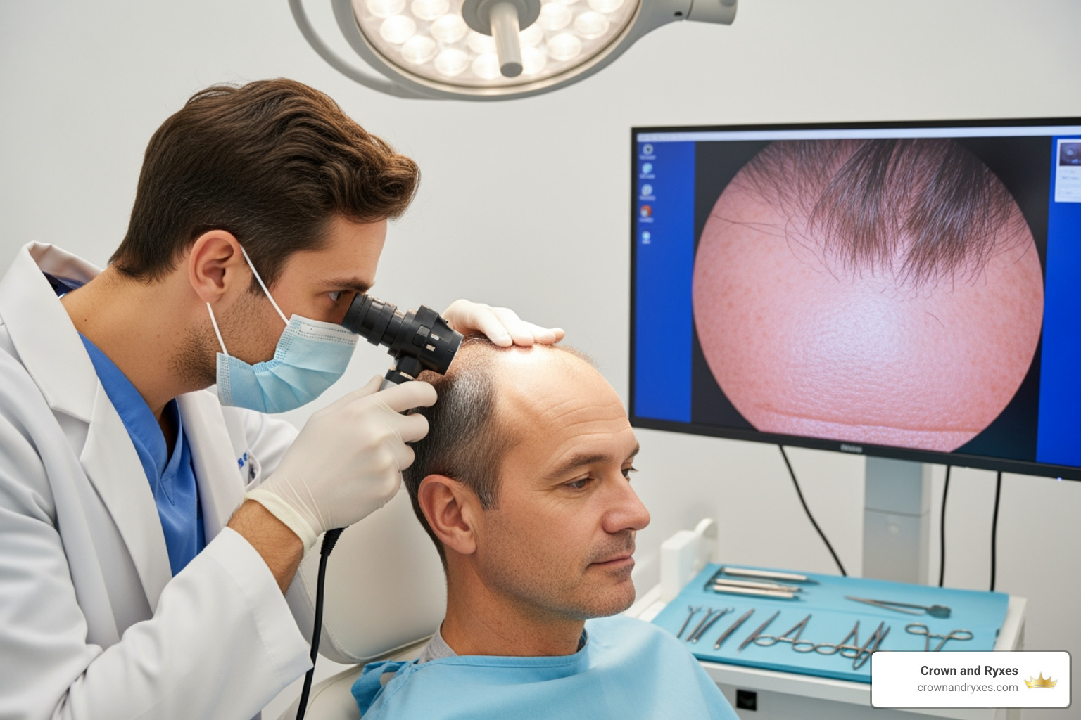 surgeon examining a patient's scalp - affordable FUE hair transplant