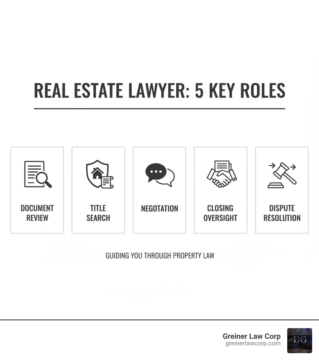 Infographic summarizing the 5 key roles of a real estate lawyer: Document Review, Title Search, Negotiation, Closing Oversight, and Dispute Resolution. - what do real estate lawyers do infographic 