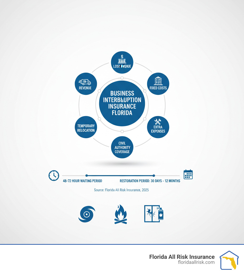Infographic showing the key components of business interruption insurance in Florida: a circular diagram with "Business Interruption Insurance" in the center, surrounded by five connected sections labeled Lost Revenue (with dollar sign icon), Fixed Costs (building icon), Temporary Relocation (moving truck icon), Extra Expenses (tools icon), and Civil Authority Coverage (government building icon). Below the diagram, a timeline shows the typical 48-72 hour waiting period, followed by the restoration period of 30 days to 12 months. At the bottom, icons represent common Florida perils: hurricane, fire, and vandalism symbols. - Business interruption insurance Florida infographic Infographic showing the key components of business interruption insurance in Florida: a circular diagram with "Business Interruption Insurance" in the center, surrounded by five connected sections labeled Lost Revenue (with dollar sign icon), Fixed Costs (building icon), Temporary Relocation (moving truck icon), Extra Expenses (tools icon), and Civil Authority Coverage (government building icon). Below the diagram, a timeline shows the typical 48-72 hour waiting period, followed by the restoration period of 30 days to 12 months. At the bottom, icons represent common Florida perils: hurricane, fire, and vandalism symbols. - Business interruption insurance Florida infographic